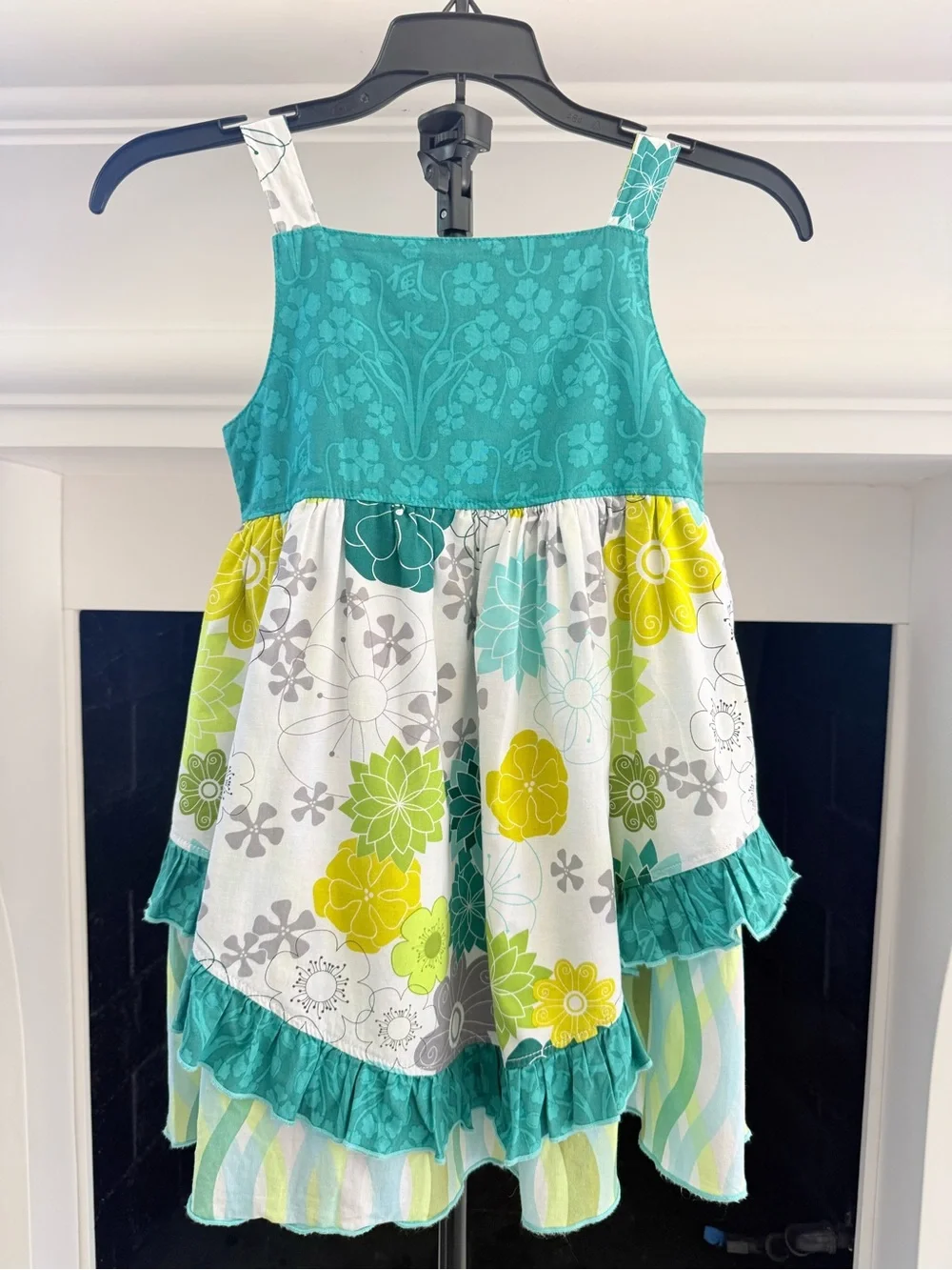 Girls' Teal Floral Ruffle Summer Dress- Size 7/8